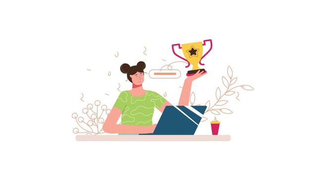 Animated woman with laptop celebrating success and holding trophy