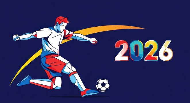 Dynamic soccer player kicking ball in 2026 world cup futuristic digital art,Weltmeisterschaft 2026,Coupe du monde 2026,Copa del Mundo 2026