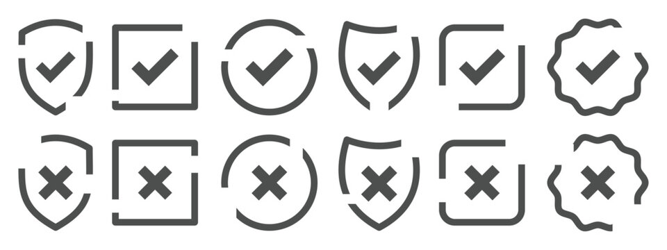 Check Mark Icons in Circle &ndash; Editable Stroke Tick Symbol Set. Red cross and green check mark icons correct incorrect symbols approval rejection concept vector illustration isolated modern flat design.