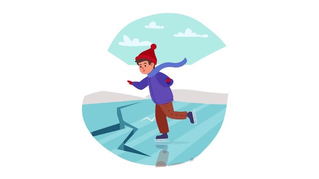 Winter animation of child ice skating on cracked frozen lake outdoors