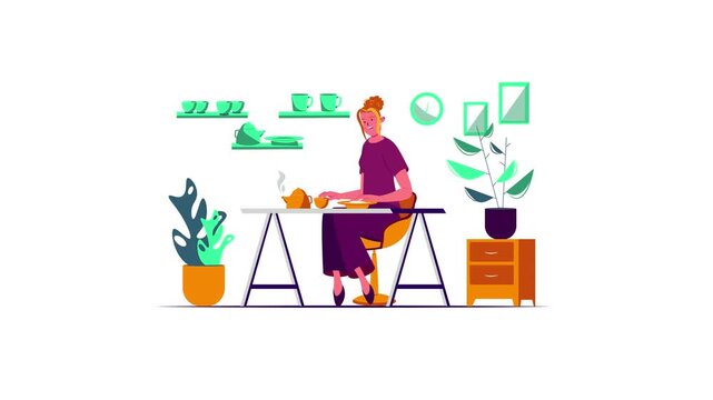 Flat animation of woman working at desk with tea in cozy home office