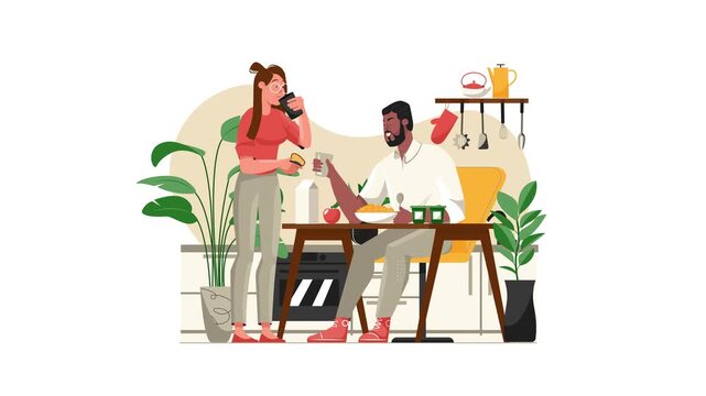 Animated couple sharing breakfast in a cozy modern kitchen with plants