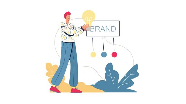 Animated creative designer presenting brand idea with light bulb