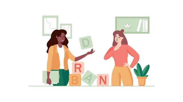 Animated illustration of two women with alphabet blocks in modern room
