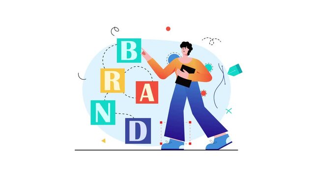 Animated branding concept with character arranging letter blocks