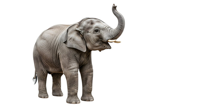 Gray elephant standing isolated on transparent background with trunk raised high in air