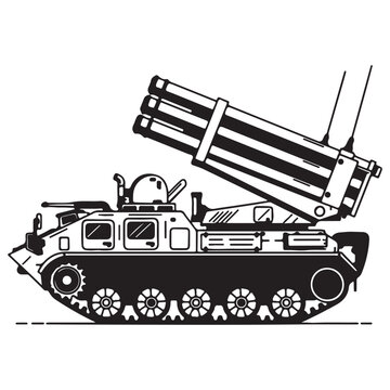 Military Rocket Launcher Tank Vector Illustration Featuring a Multiple Launch Rocket System (MLRS) on a Tracked Armored Vehicle Isolated on White for Tactical Design and Technical Graphics.