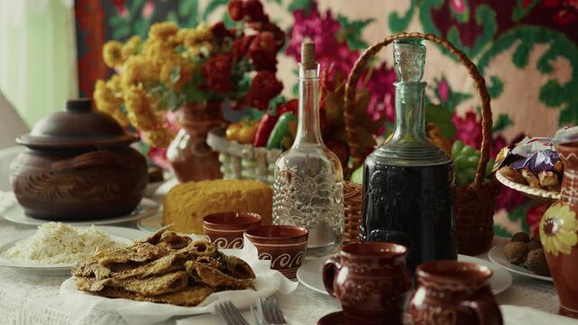 Traditional table setting with various dishes, including rice, bread, and pastries, alongside decorative bottles and pottery, set against a vibrant floral backdrop