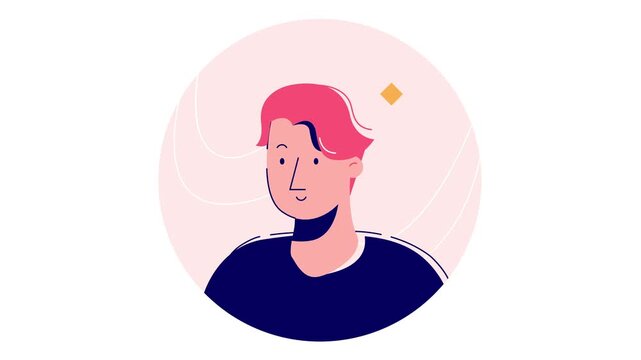 Modern animated vector portrait of young man with pink hair on abstract circle