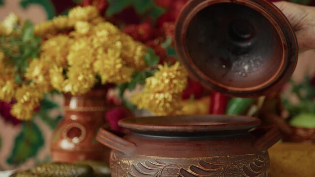 Hand of a person lifting the lid off a decorative clay pot surrounded by vibrant flowers and various food items on a table in a warm, inviting setting