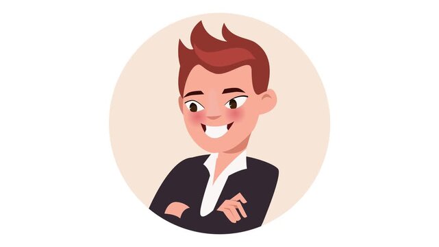 Smiling businessman with crossed arms in flat animation portrait