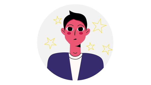 Animated dizzy man with stars around head, headache and confusion icon