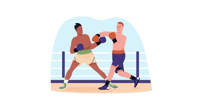 Animated diverse boxers sparring in a boxing ring during training