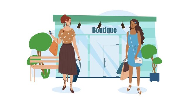 Two women shopping outside a boutique storefront in flat animation style