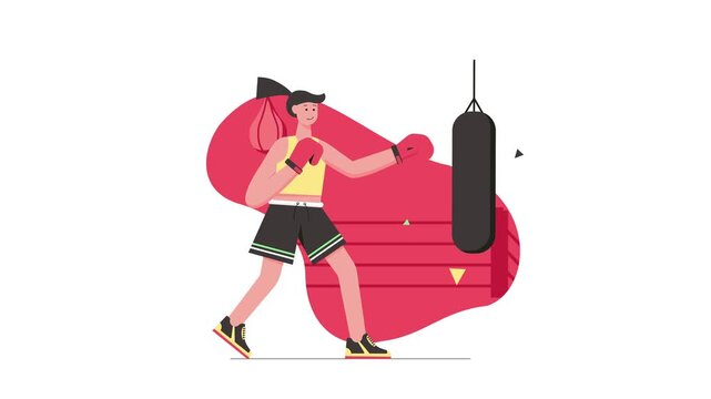 Female boxer training with punching bag in flat animated illustration