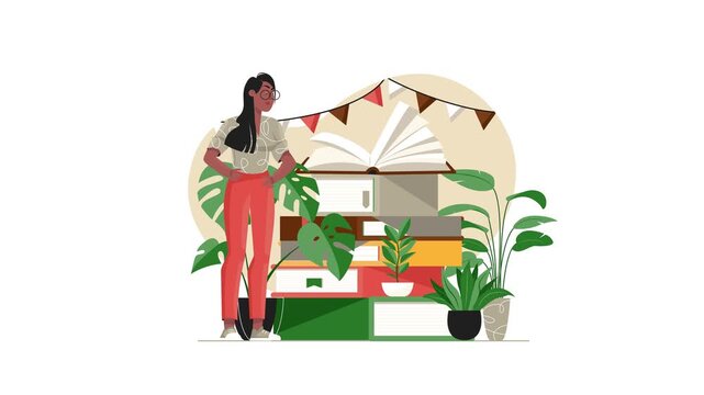 Animated woman standing beside stack of books and plants in cozy study