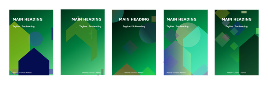 Set of five modern abstract business flyer templates with green gradient background and geometric shapes maan studio