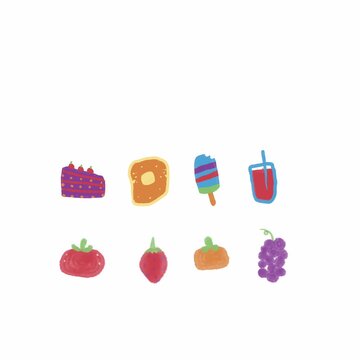 Animated cartoon mix of healthy fruits and unhealthy sweets showing diet choices