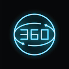 Fototapeta premium Blue neon sign with arrows going around 360 degrees indicating full surround view