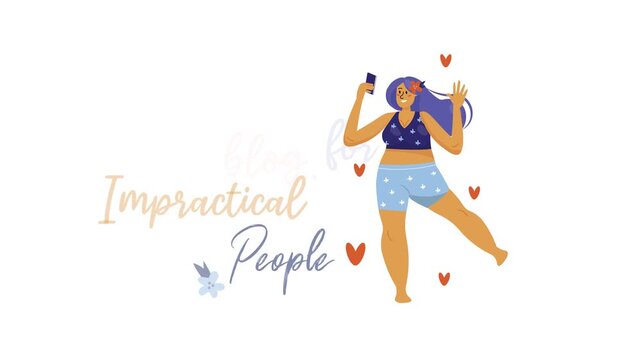Animated woman taking selfie beside practical blog quote and hearts