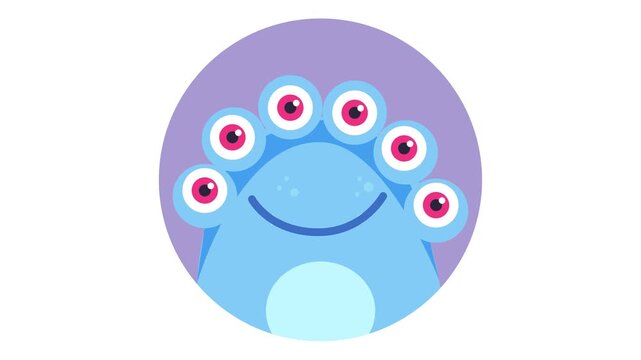 Cute blue many-eyed monster character animation on purple background
