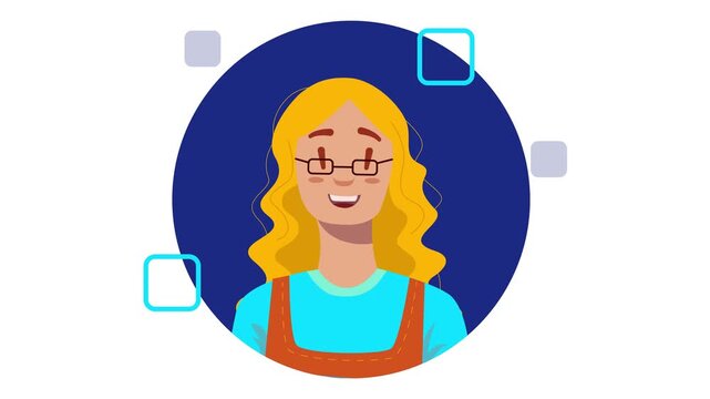 Cartoon smiling blonde woman avatar with glasses and apron in flat design