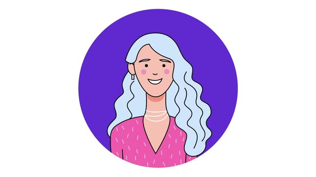 Animated portrait of smiling woman with blue hair on purple circle