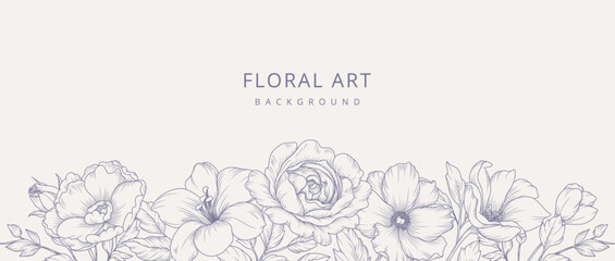 Luxury line art background with hand drawn flowers. Vector vintage design with a bouquet of flowers, branches, leaves for card, branding, wedding invitation, cover, wallpaper, save the date © Victory