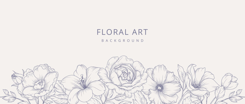 Luxury line art background with hand drawn flowers. Vector vintage design with a bouquet of flowers, branches, leaves for card, branding, wedding invitation, cover, wallpaper, save the date