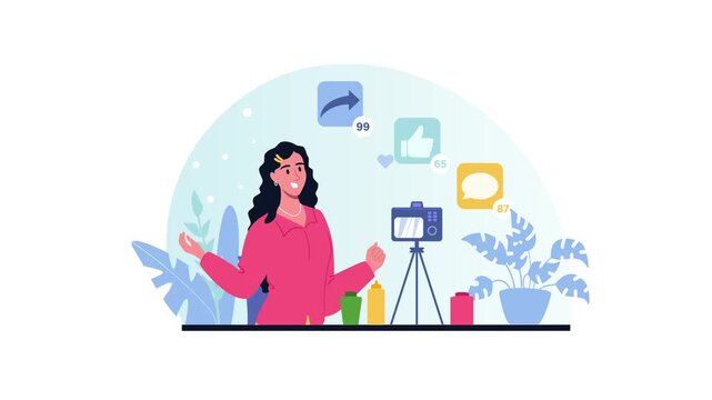 Female content creator recording social media video in studio animation