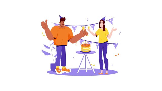 Animated flat vector birthday celebration with couple, cake and decorations