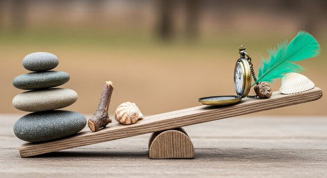 Wooden seesaw balanced uneven objects equity