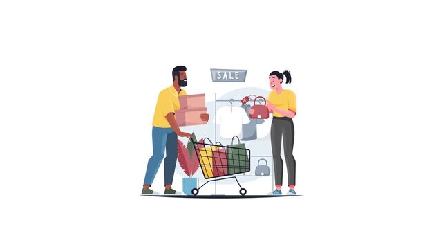 Diverse couple shopping for clothes in animated sale store illustration