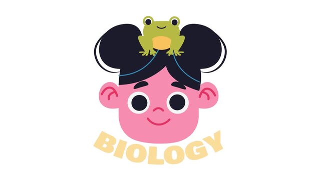 Cute girl with frog on head and biology text in educational animation
