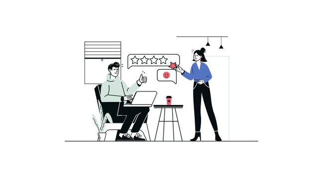 Animated client giving star rating and feedback to freelancer in office