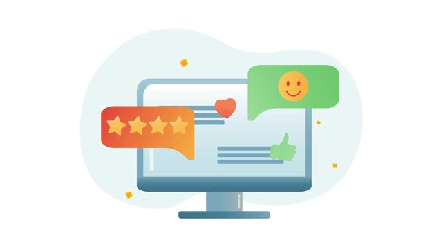 Animated customer feedback and rating icons on computer monitor