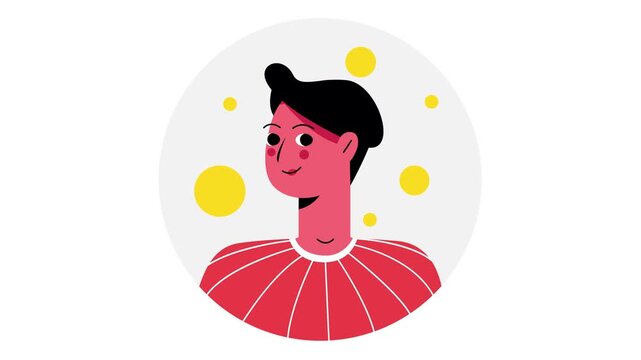 Playful animated portrait of smiling woman in red sweater and yellow dots