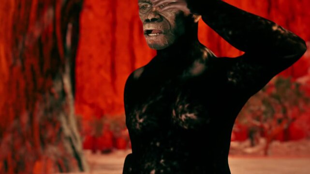 Australopithecus Hominid Standing in African Savanna at Sunset, 4K CGI