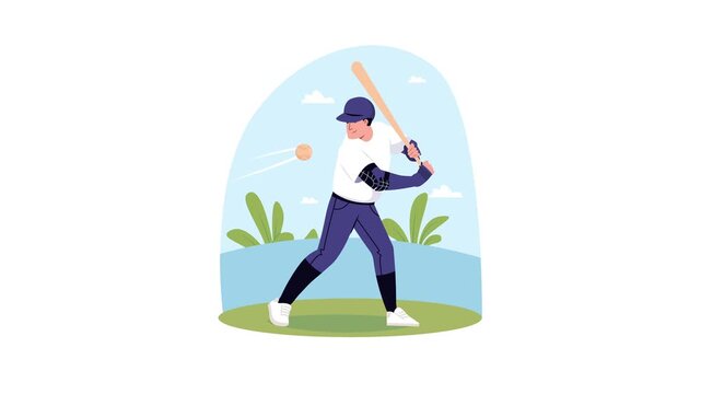 Baseball batter swinging at pitch on sunny field, flat vector animation