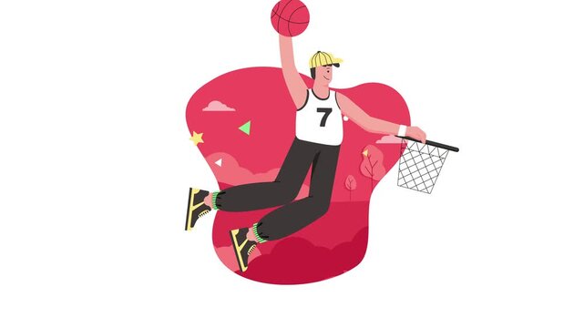 Animated basketball player soaring for a dunk toward the hoop and net