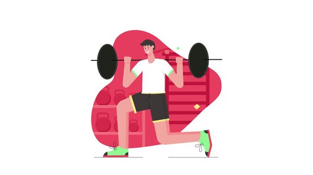 Flat vector illustration of man doing barbell lunge workout in gym