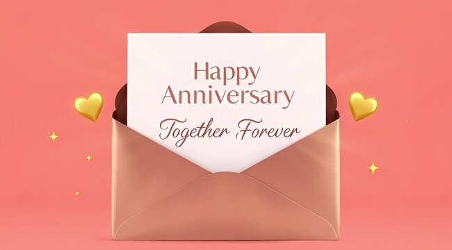 Elegant anniversary card with heartfelt message of togetherness, framed by golden hearts and soft glow.
