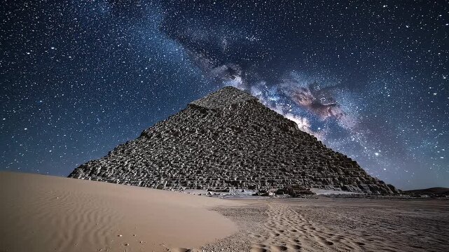 The majestic pyramid stands as a silent sentinel beneath the celestial canvas, a testament to antiquity under the vast night sky. This evokes a sense of history and wonder. 