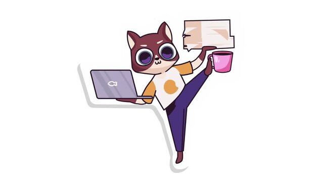 Animated cute cartoon animal balancing laptop, coffee mug and speech bubble