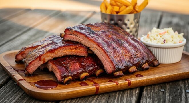 Delicious barbecue ribs, coleslaw, and fries on wooden board, grilled meat