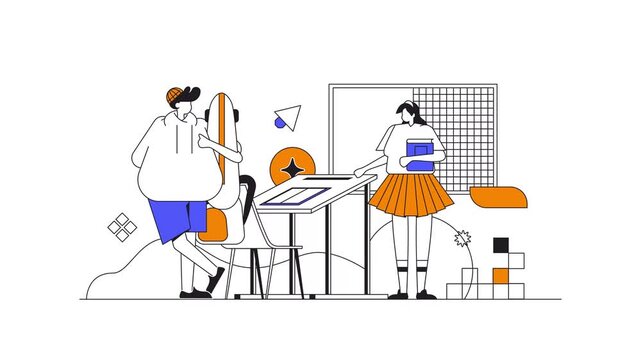Casual teenagers with skateboard and book in abstract study room animation