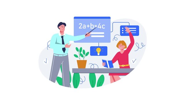 Animated classroom lesson with teacher and student solving math equation