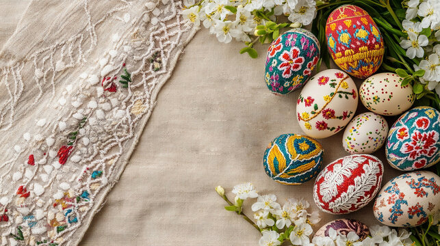 Traditional Ukrainian Easter Flat Lay with Pysanky Eggs, Embroidery and Spring Blossoms on Linen Fabric Background