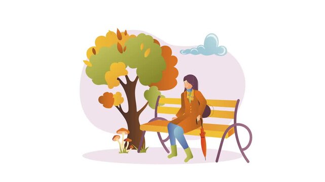 Autumn park bench illustration with woman sitting under tree and umbrella