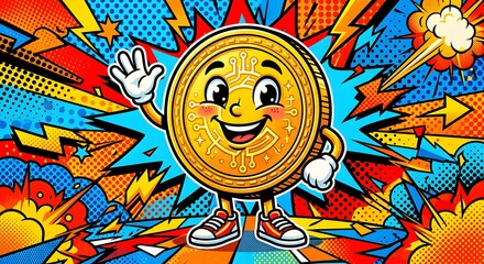 Fototapeta premium A cartoon coin with a smiling face and arms, waving cheerfully, set against a vibrant comic book background